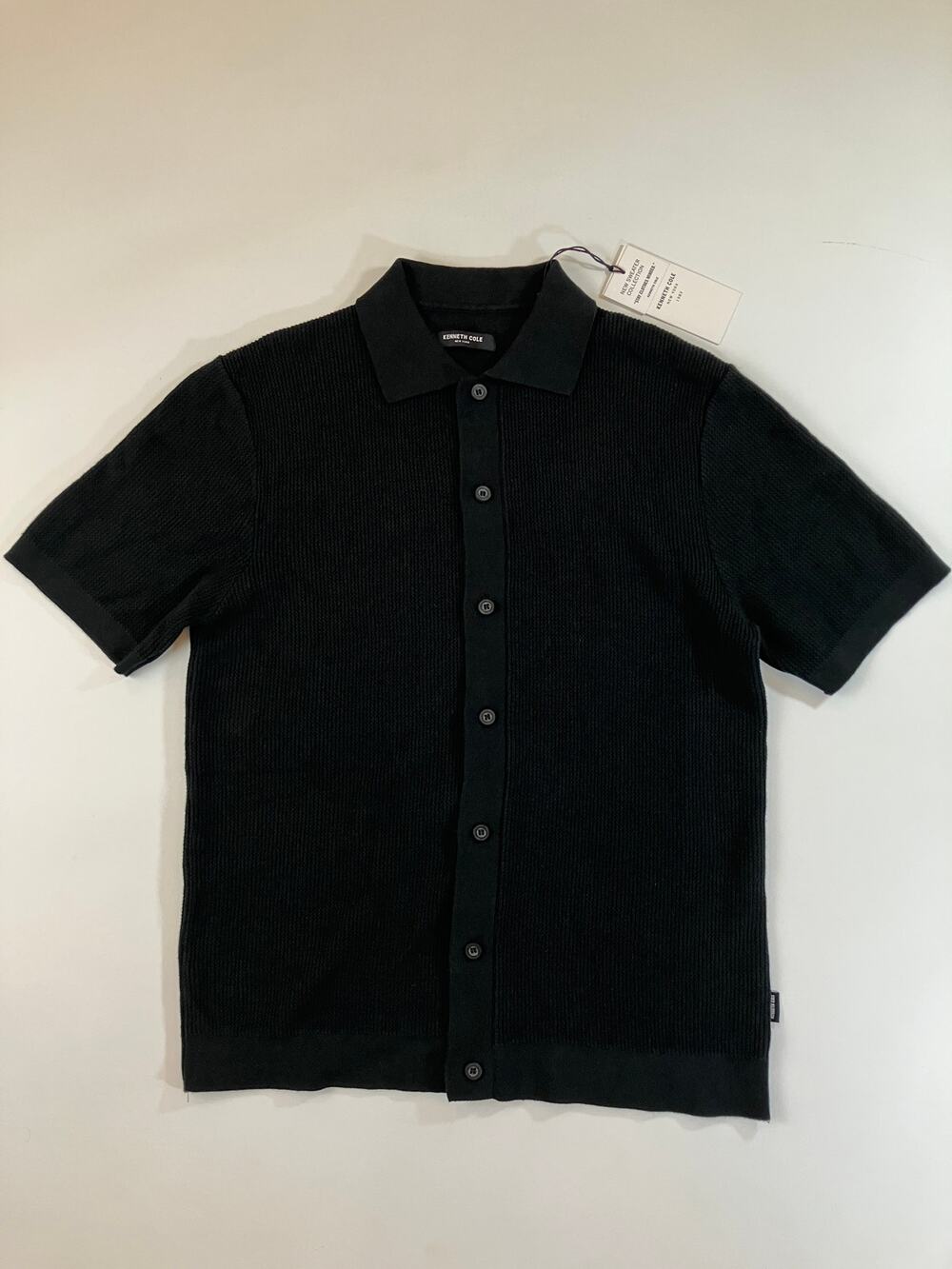 Kenneth Cole New York Men L Black Knit Button Front Sweater Polo Shirt NWT